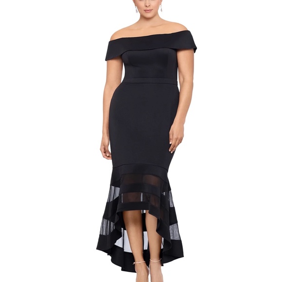 EUC XSCAPE High-Low Off-The-Shoulder Midi Dress Black Cocktail Gown Size 18W - Picture 1 of 7